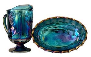 UMBR - Vintage Indiana Glass Harvest Grape Carnival Glass Pitcher & Footed Bowl