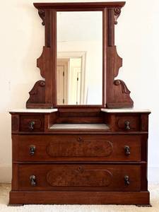 UMBR - Antique Victorian Walnut Marble-Top Dresser With Mirror