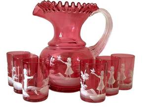 UMBR - Vintage Fenton Cranberry Mary Gregory Lemonade Set