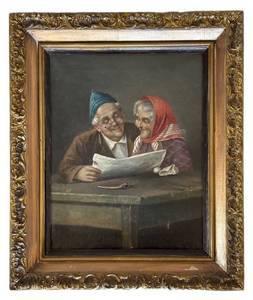 ULR - Antique after Peter Marbert Oil on Canvas Old Couple Reading Newspaper