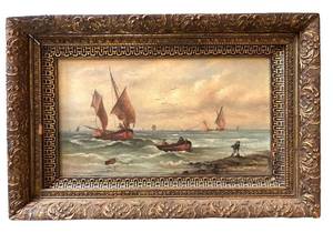 E - Antique Marine Oil Painting Sailing Vessels Ornate Gilt Frame