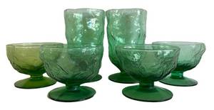 D - Vintage Anchor Hocking Crinkle Green Stemware Set (Lot of 6)