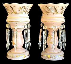 LR - Antique Pink Luster Mantle Lusters With Prisms (Lot of 2)