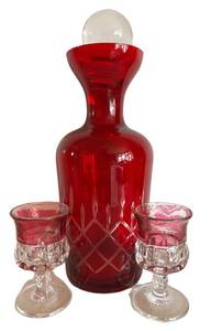 D - Vintage Red Cut Glass Decanter & Wine Glasses