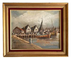 LR - Vintage Signed Aayee Oil on Canvas Harbor Scene