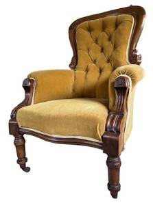 ULR - Antique Victorian Mahogany Armchair Yellow Velvet Upholstery