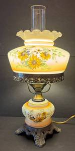 UBR - Vintage Floral Hurricane Table Lamp Milk Glass