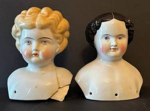 UBR - Pair of Antique German Porcelain Shoulder Head Dolls