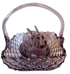 UDR - Vintage L.E. Smith Amethyst Glass Basket & Bunny on Nest Candy Dish
