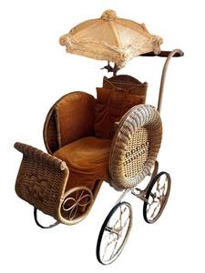 ULR - Antique Wicker Baby Carriage Pram Lace Parasol