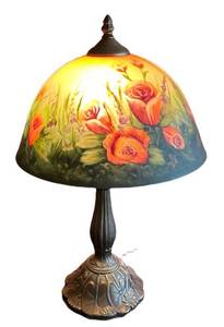 Den - Vintage Reverse Painted Glass Table Lamp Floral Scene