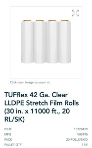 Quantity 4 - TUFflex 42 Ga. Clear LLDPE Stretch Film Rolls - 30 in. x 11000 ft.