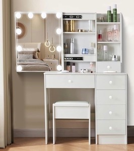 Vanity Set with Sliding Mirror and Light, Vanity Dressing Table with 5 Drawers and Open Shelf, 2024 New Makeup Dresser, Vanity Desk with Stool