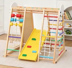 9-in-1 Indoor Jungle Gym,Foldable Wooden Climbing Set with Swing,Monkey Bars,Climbing Rock,Abacus Game