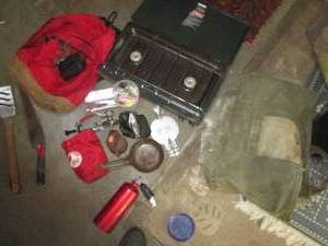 Coleman camping stove, assorted coo...