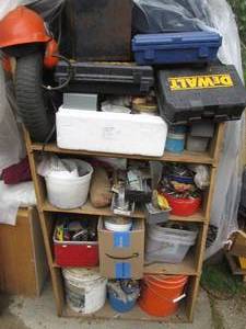 Wood leaning shelf with all content...