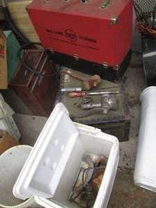 Igloo cooler, vintage wood storage ...