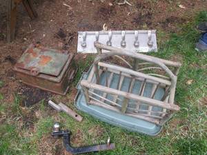 Antique metal box, receiver hitches...