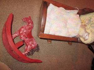 Painted wood doll cradle, porcelain...