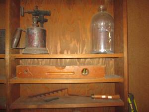 Antique hand torch, level and glass...