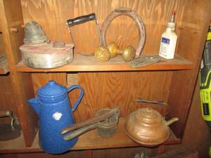 Antique copper teapot, Enamelware a...
