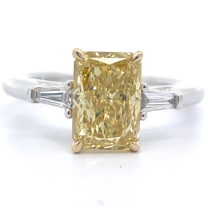 2.50 Carat Fancy Yellow & White Diamond Radiant & Baguette Three-Stone Ring in 14k Gold $4,900 Retail VIDEO