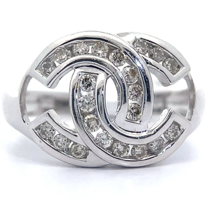 Natural Diamond Double Interlocking CC Ring in 14k White Gold Retail $2800 VIDEO