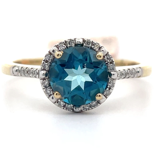 16ctw Natural Diamond & Blue Topaz Round Pav Halo Ring in Yellow Gold VIDEO