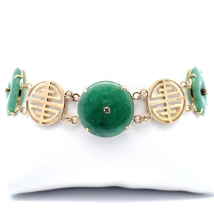 Natural Green Jade Hololith 14k Yellow Gold Asian Character Link Bracelet VIDEO