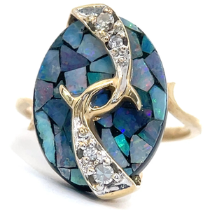 Mosaic Opal & Natural Diamond Oceanic Curved Ring in 14k Yellow Gold VIDEO