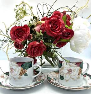Tienshan Magnolia Cup & Saucer Set of 2 with Faux Floral