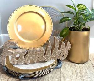 Gold Plastic Charger Plates Mixed Lot With Tray, Decor Sign & Planter