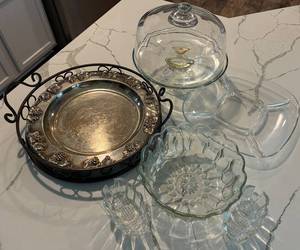 Cake Dish, Pewter Tray & Glass Serving Pieces Mixed Lot