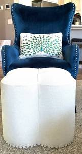 Blue Upholstered Chair & Ottoman Set With Peacock Pillow
