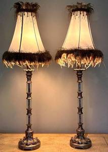 Pair of Decorative Floor Lamps With Feather Shades