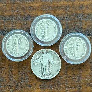 (4) Group of Standing Liberty Silver Quarter and Mercury Silver Dimes
