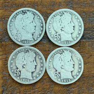 (4) Group of Four Barber Silver Quarters