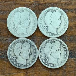 (4) Group of Four Barber Silver Quarters