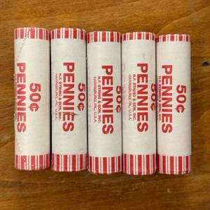 (5) Five Rolls of Random Lincoln Pennies in Bank Rolls
