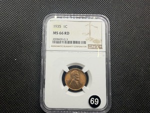 1935 Lincoln Cent NGC MS66 RD - NGC Price Guide Value for an MS66 RD is $60