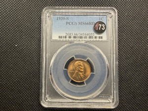 1939-S Lincoln Cent PCGS MS66 RD -  PCGS Price Guide Value for an MS66 RD is $42