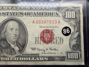 1966 Red Seal $100 United States Note AA Block Serial No. A00387833A -  Very Good Condition - Compare at $225.00