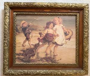 Antique Framed Beach Scene Print of Children