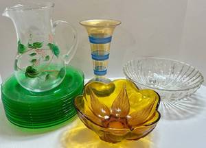 Mixed Lot Glass Pitcher, Vase, Bowls & Plates