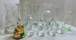 Mixed Lot Clear Glass Vases, Pitcher, Tumblers & Lighted Angel