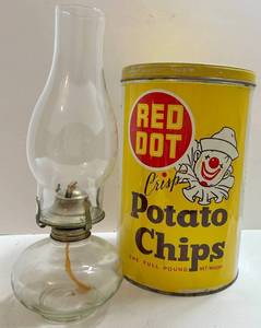 Vintage Red Dot Potato Chips Tin & Glass Oil Lamp Mixed Lot