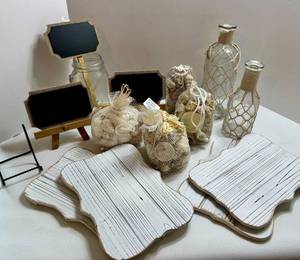 Beach Decor Mixed Lot With Shell Bags, Rope Bottles & Wood Signs