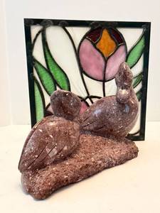 Stained Glass Style Floral Panel & Stone Duck Figurine Mixed Lot