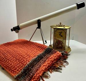 Kundo Mantel Clock, Tasco Telescope & Crocheted Textile Mixed Lot