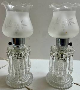 Pair of Crystal Boudoir Table Lamps With Frosted Glass Shades, Bobeche with Crystals